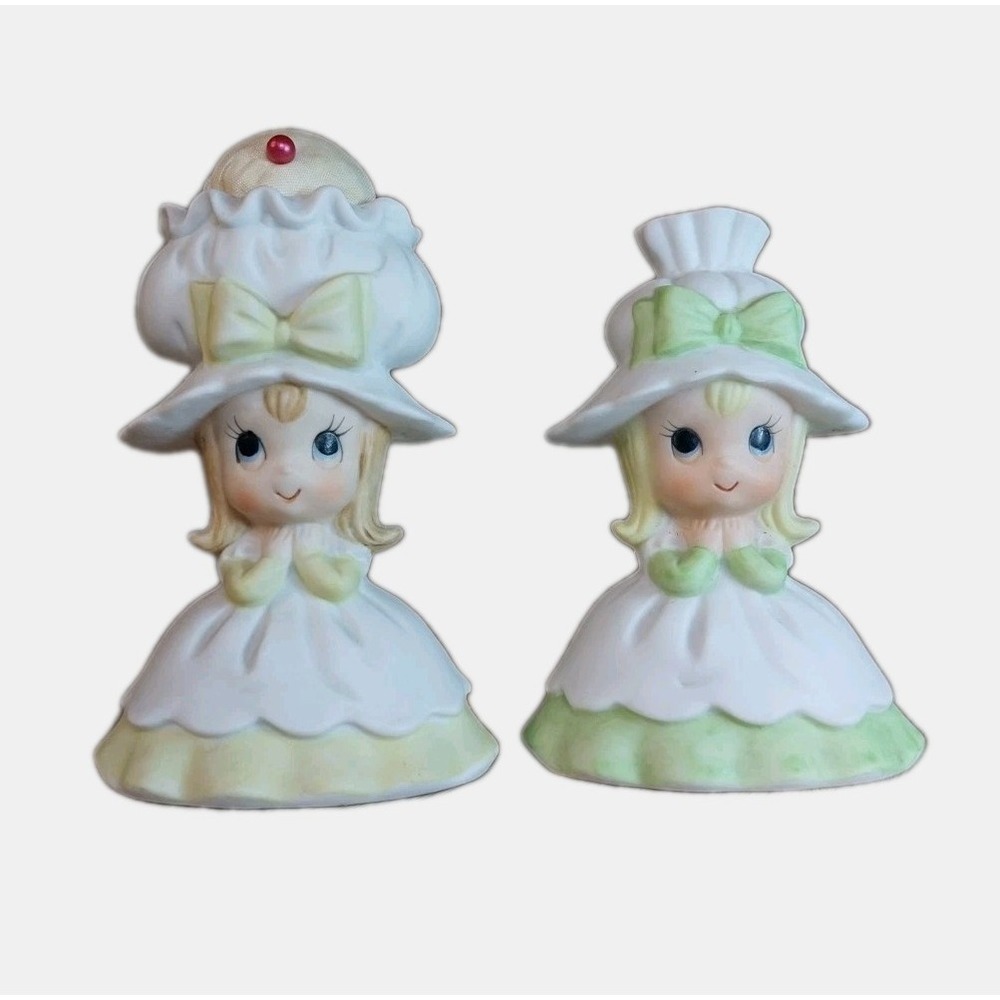 Vtg. Lefton Southern Belle Girl Figurines Bell Ringing, Big Bonnet Pin Cushion